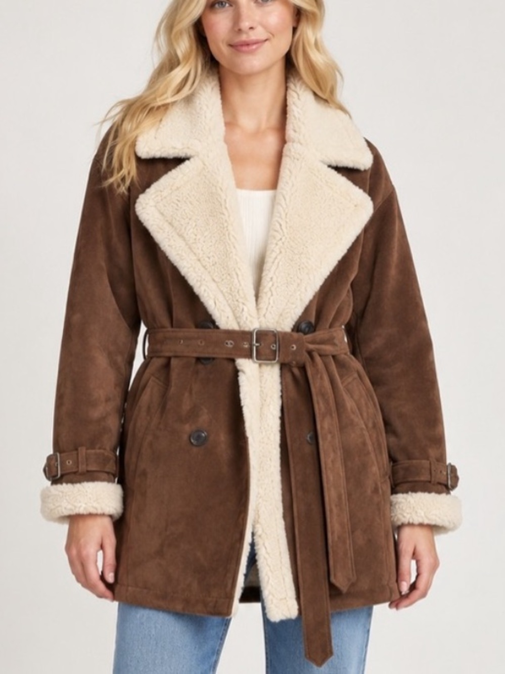 New! Avec Les Filles Brown Belted Sherpa-Lined Coat Size Small nbnn